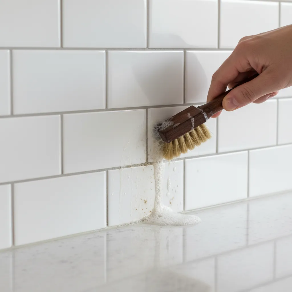 cleaning stained grout on white kitchen backsplash tile