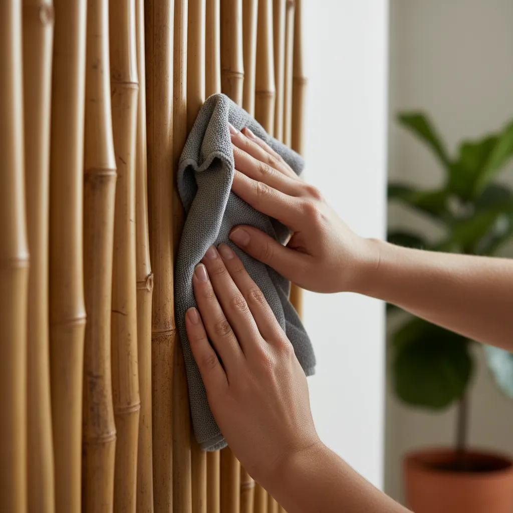 hands cleaning bamboo wall decor with microfiber cloth