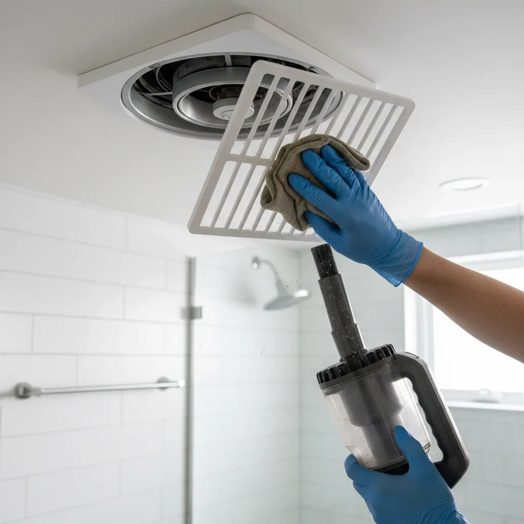 Homeowner cleaning bathroom exhaust fan grille for improved airflow