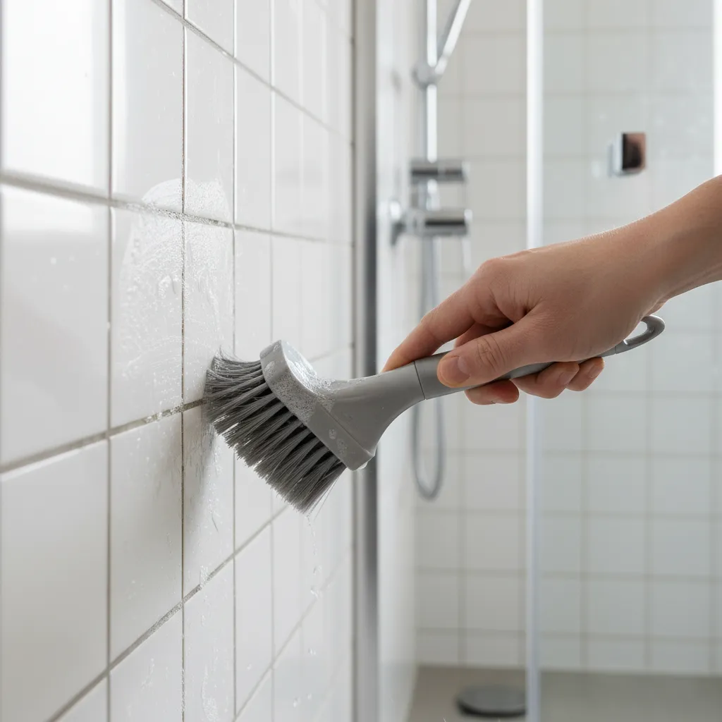person scrubbing bathroom tile grout with angled cleaning brush