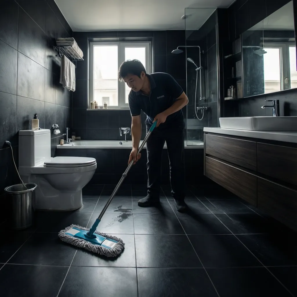Cleaning a black bathroom tile floor using a microfiber mop
