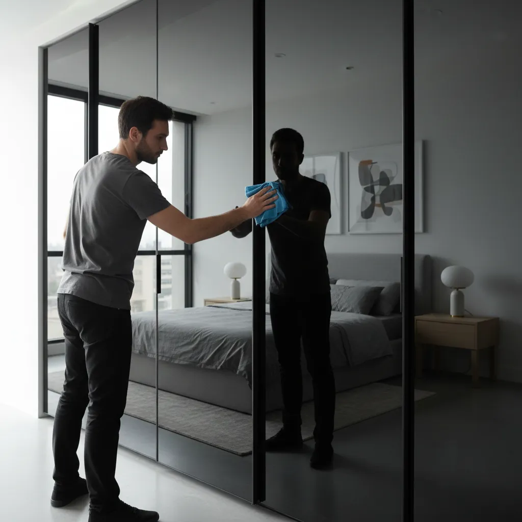 Cleaning a black mirror closet door with microfiber cloth