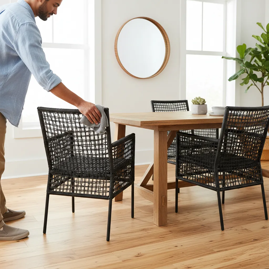 cleaning black wicker dining chair with cloth to prevent dust and mold