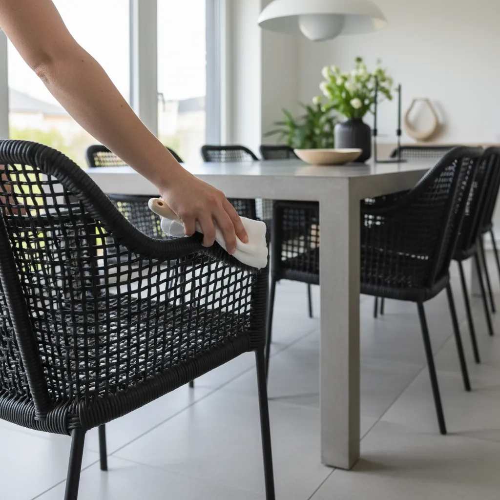 person gently cleaning black wicker dining chair with soft brush
