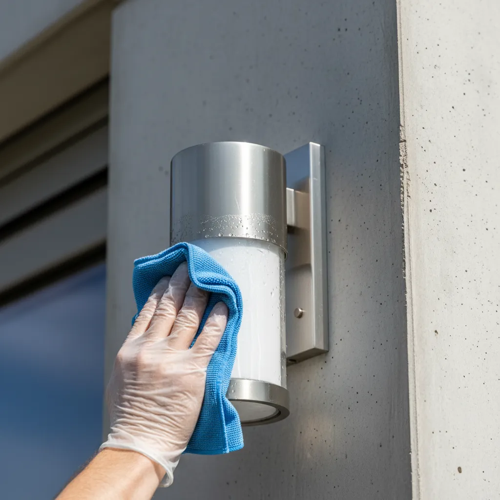 Cleaning brushed nickel outdoor light fixture with microfiber cloth