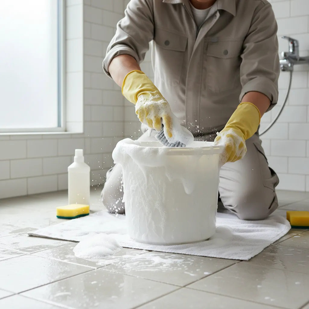 Scrubbing bathroom bucket with detergent and brush