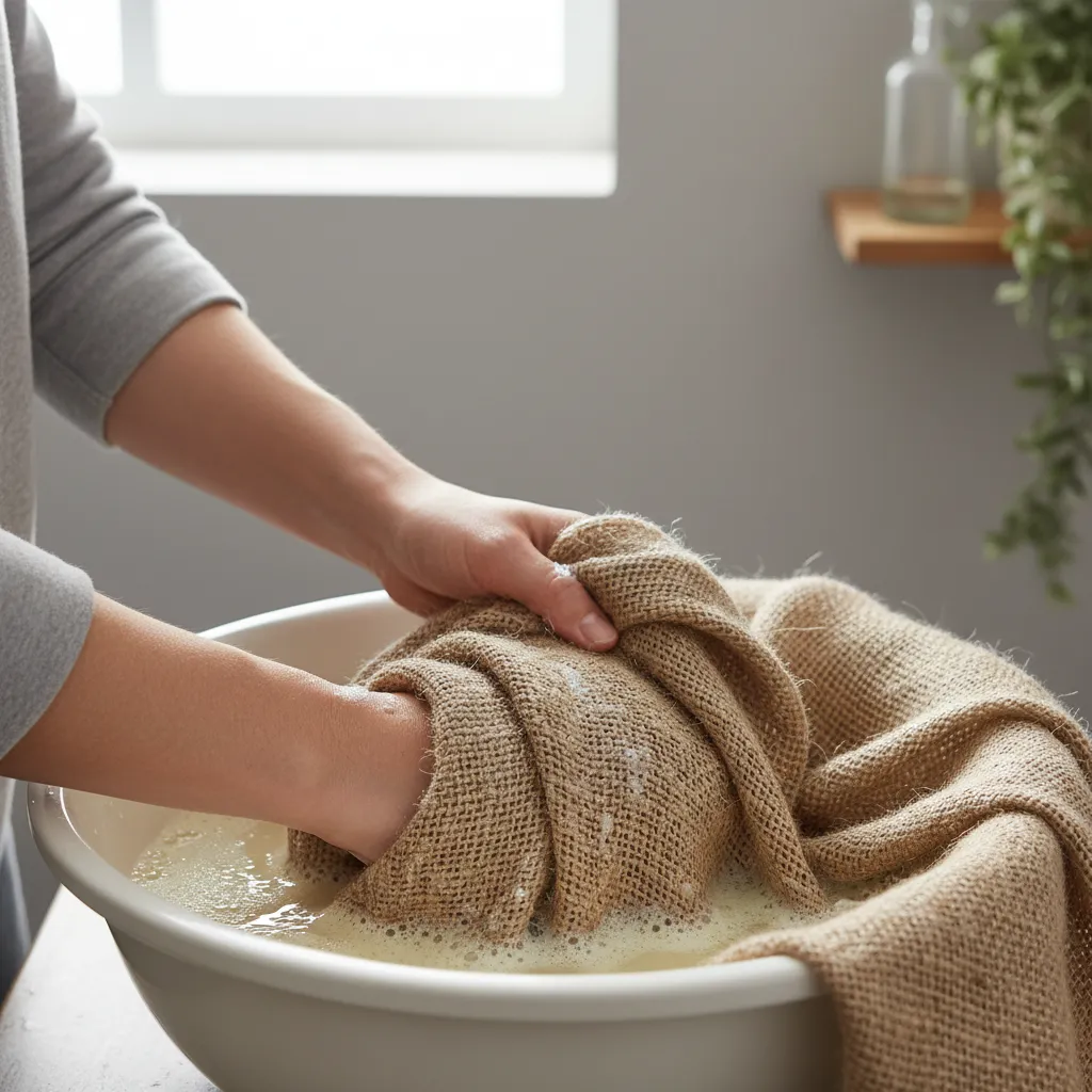 hand cleaning burlap curtain with gentle solution
