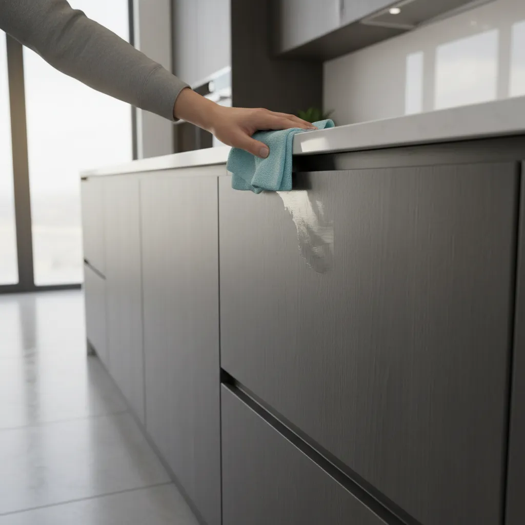 Cleaning adhesive residue from kitchen cabinet surface with cloth