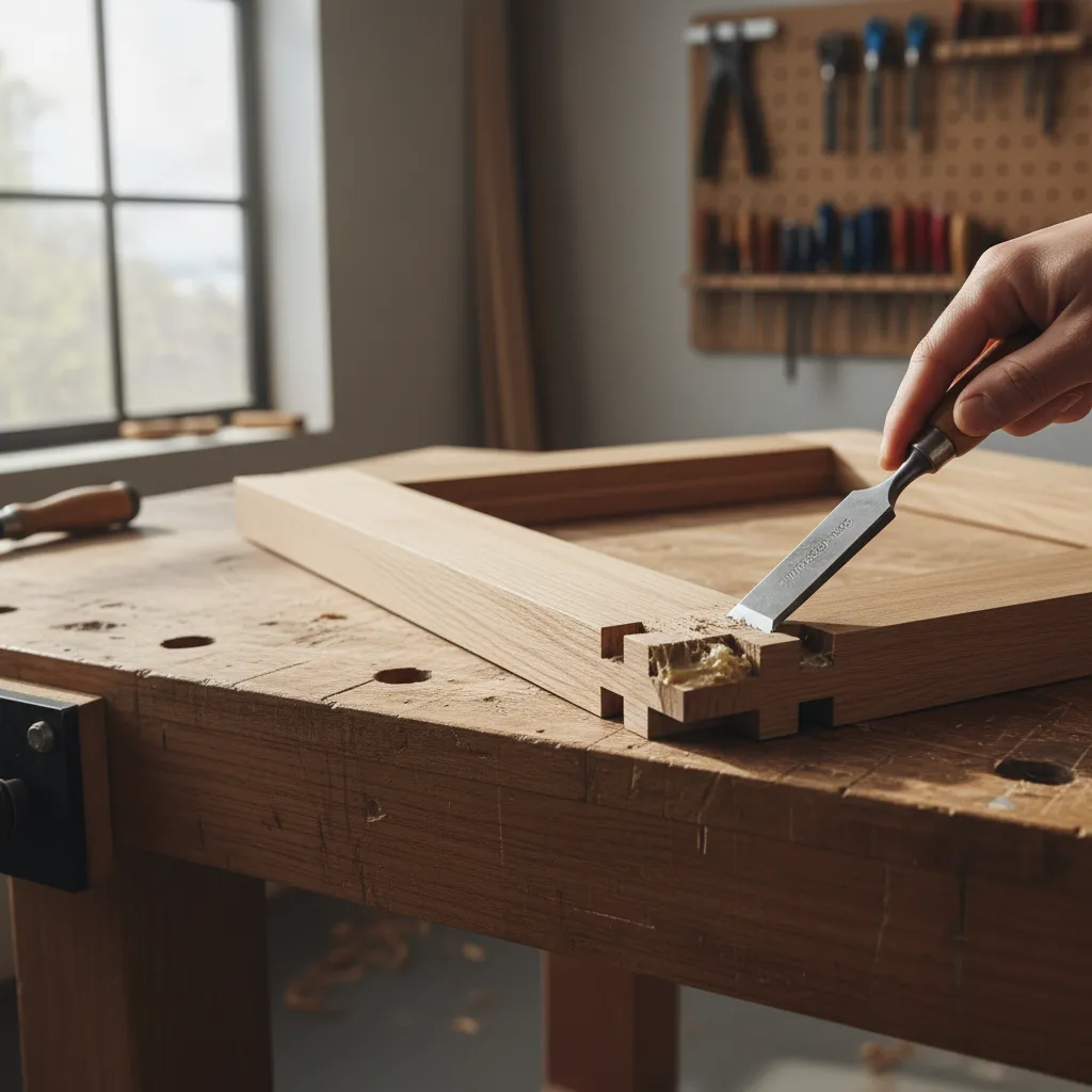 removing old glue from cabinet joint with chisel before repair