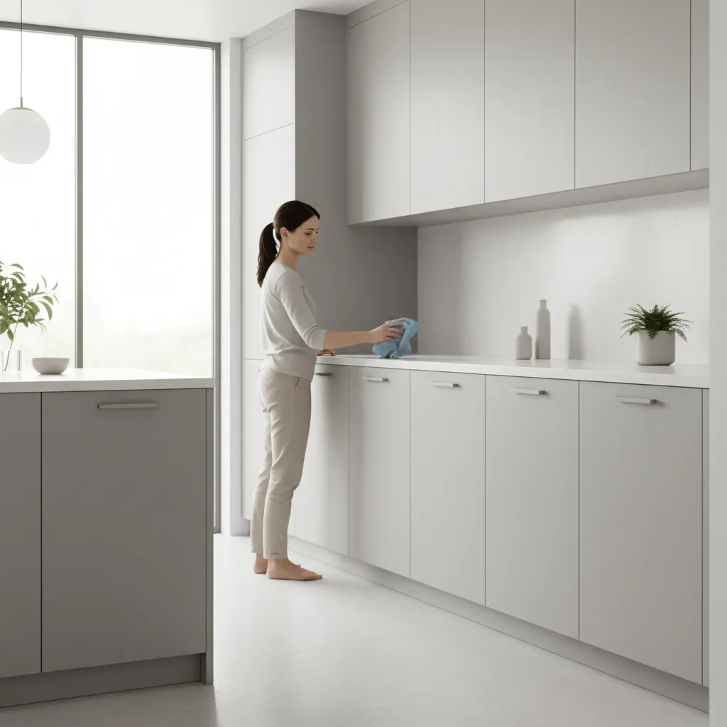 Cleaning cabinet skins with microfiber cloth in kitchen