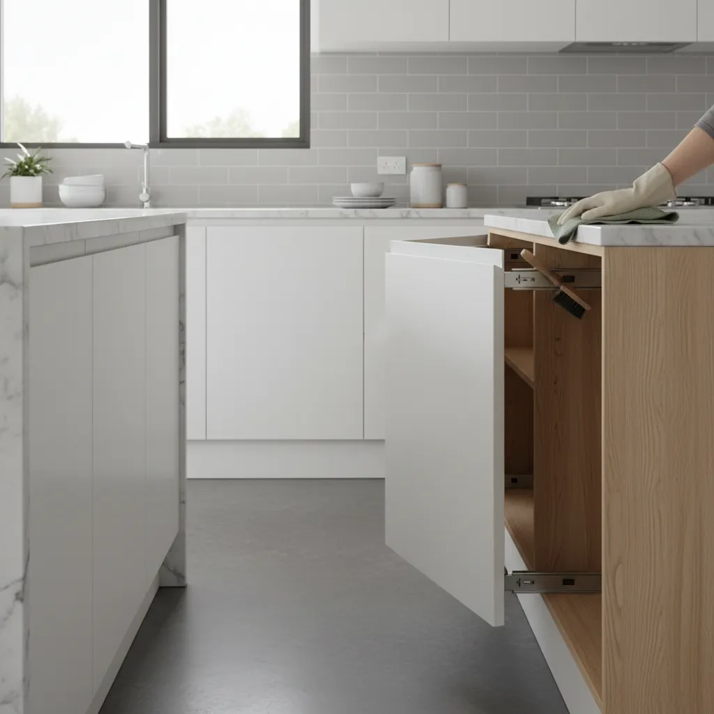 Cleaning kitchen cabinet sliding door track to remove debris