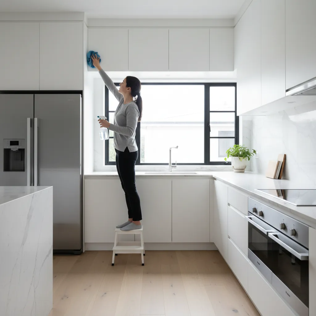 using microfiber cloth and spray to clean the top of kitchen cabinets