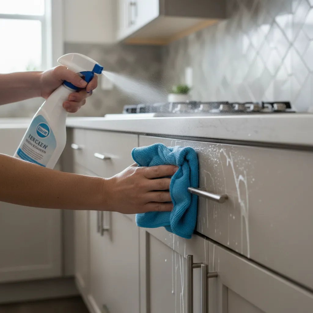 Using degreaser spray and microfiber cloth to clean kitchen cabinet doors