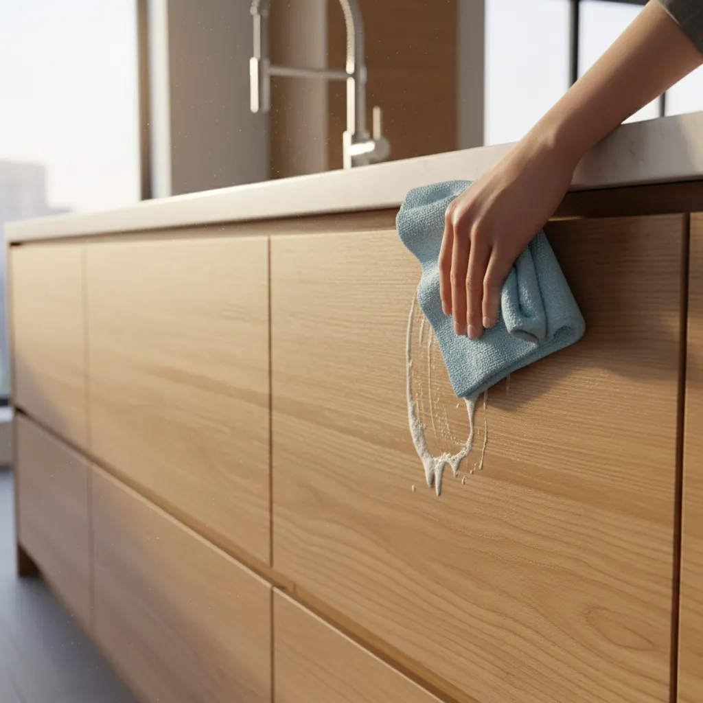 Cleaning wooden kitchen cabinet with microfiber cloth and mild soap solution