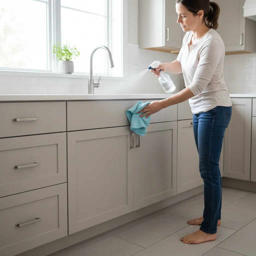 Person spraying vinegar solution while cleaning kitchen cabinets