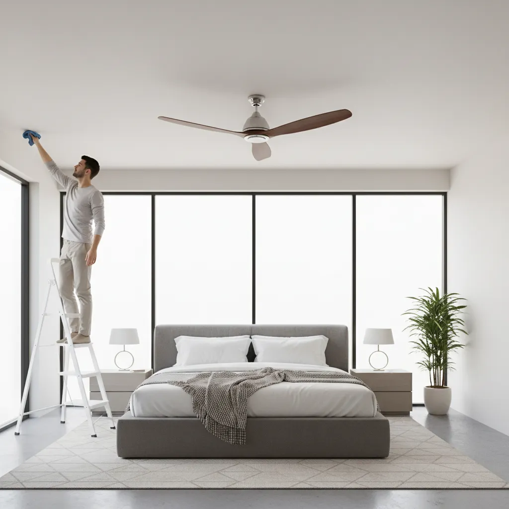 Person wiping ceiling fan blades with microfiber cloth during cleaning