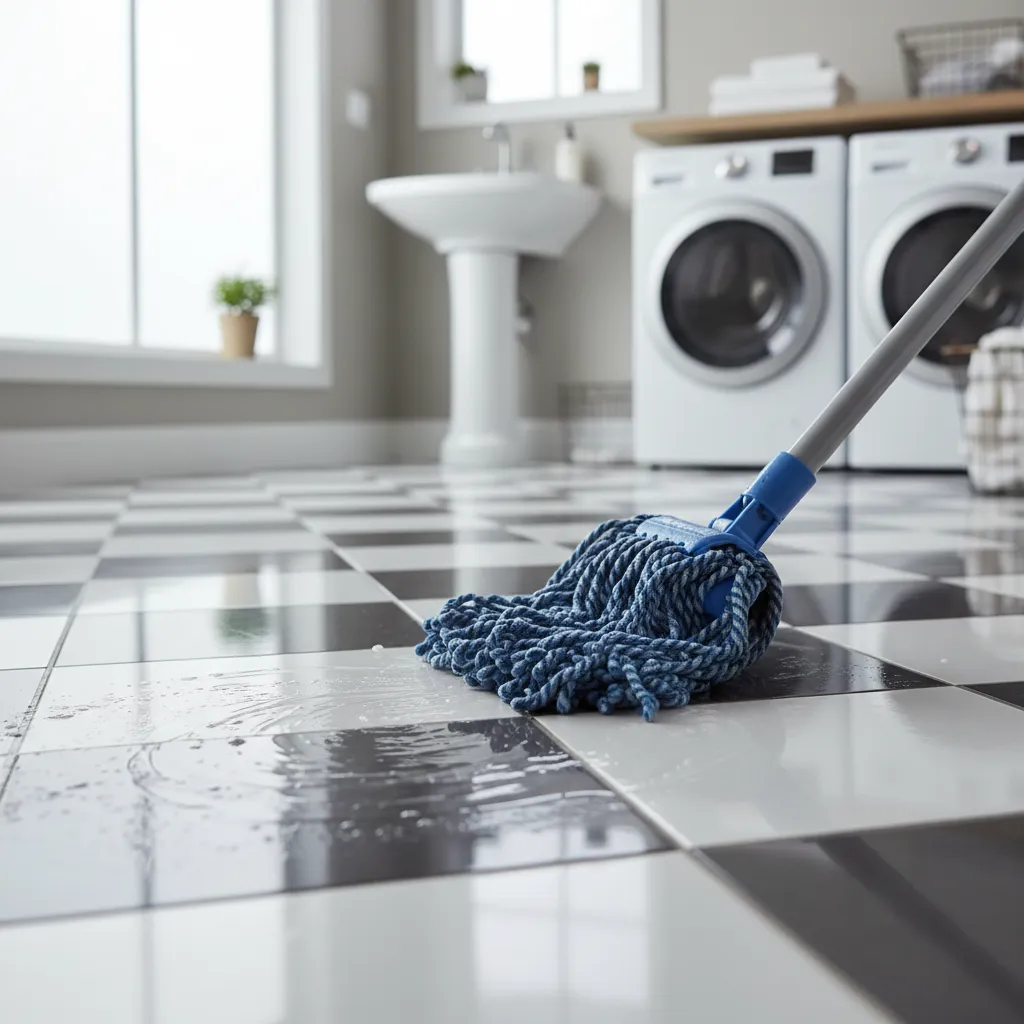 Microfiber mop cleaning black and white checkerboard tile floor