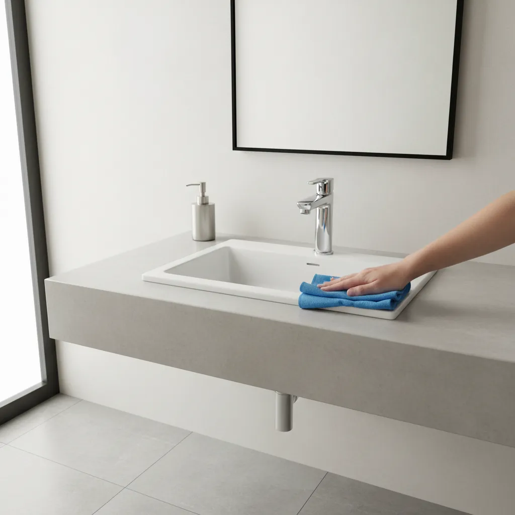 Person cleaning chrome bathroom tap with microfiber cloth