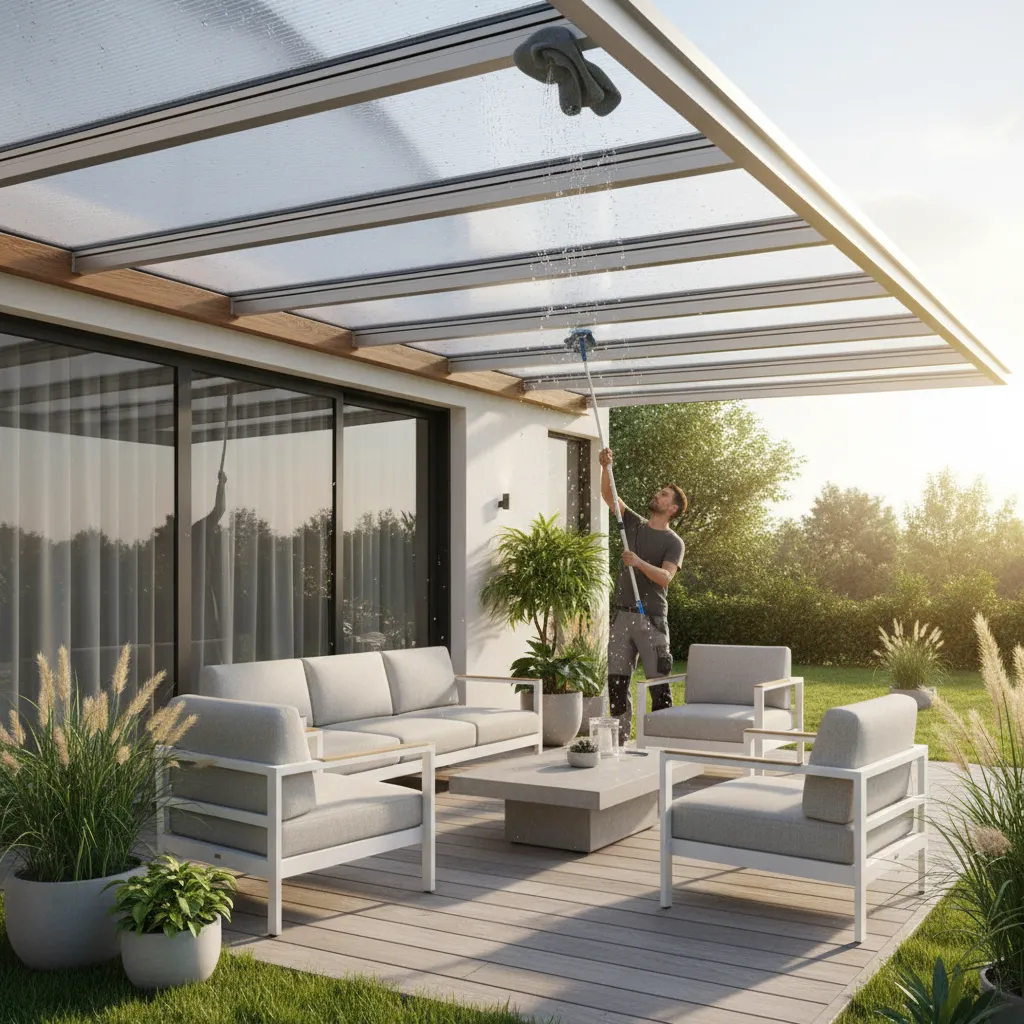 Homeowner gently cleaning clear polycarbonate patio roof panels with soft cloth and water