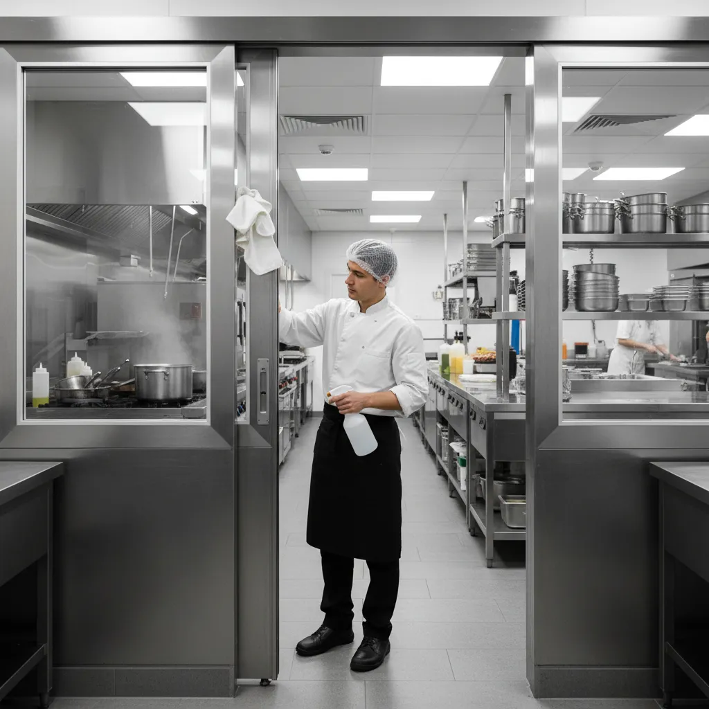 Cleaning grease from stainless steel restaurant kitchen door