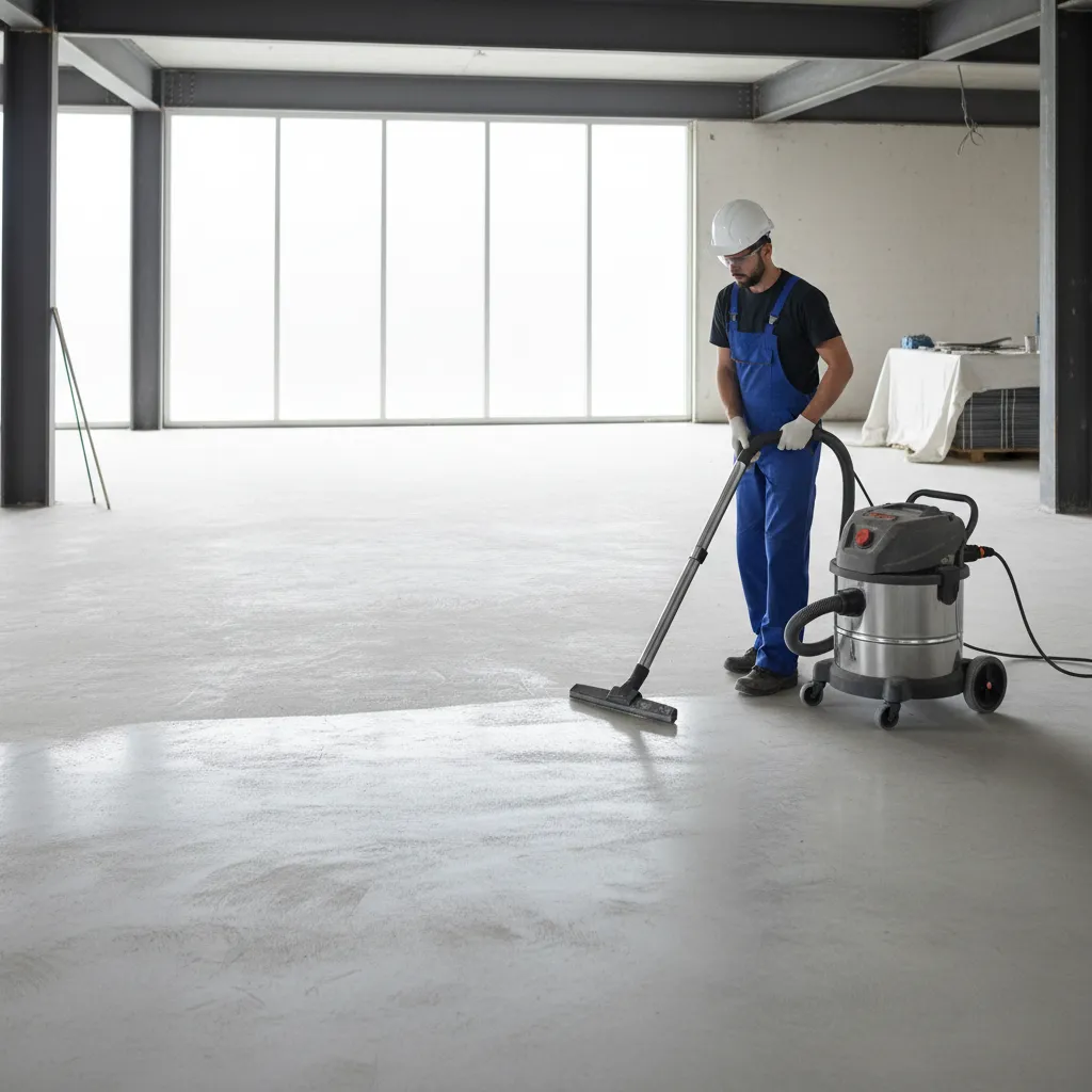 Industrial vacuum cleaning dust from concrete floor before installing decorative floor wallpaper