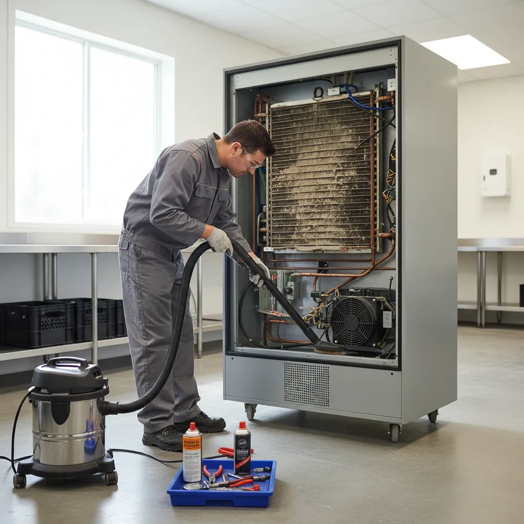 Technician cleaning condenser coils on a commercial display refrigerator