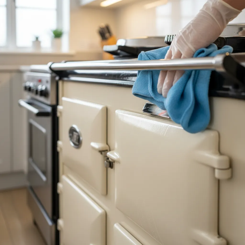 cleaning grease from cream AGA enamel surface with microfiber cloth
