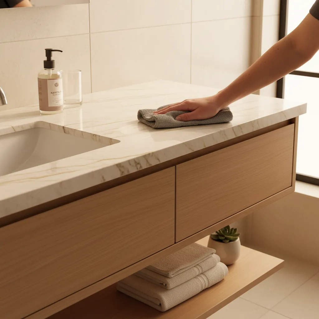 Person cleaning a white marble countertop using a cloth above a wooden bathroom storage cabinet