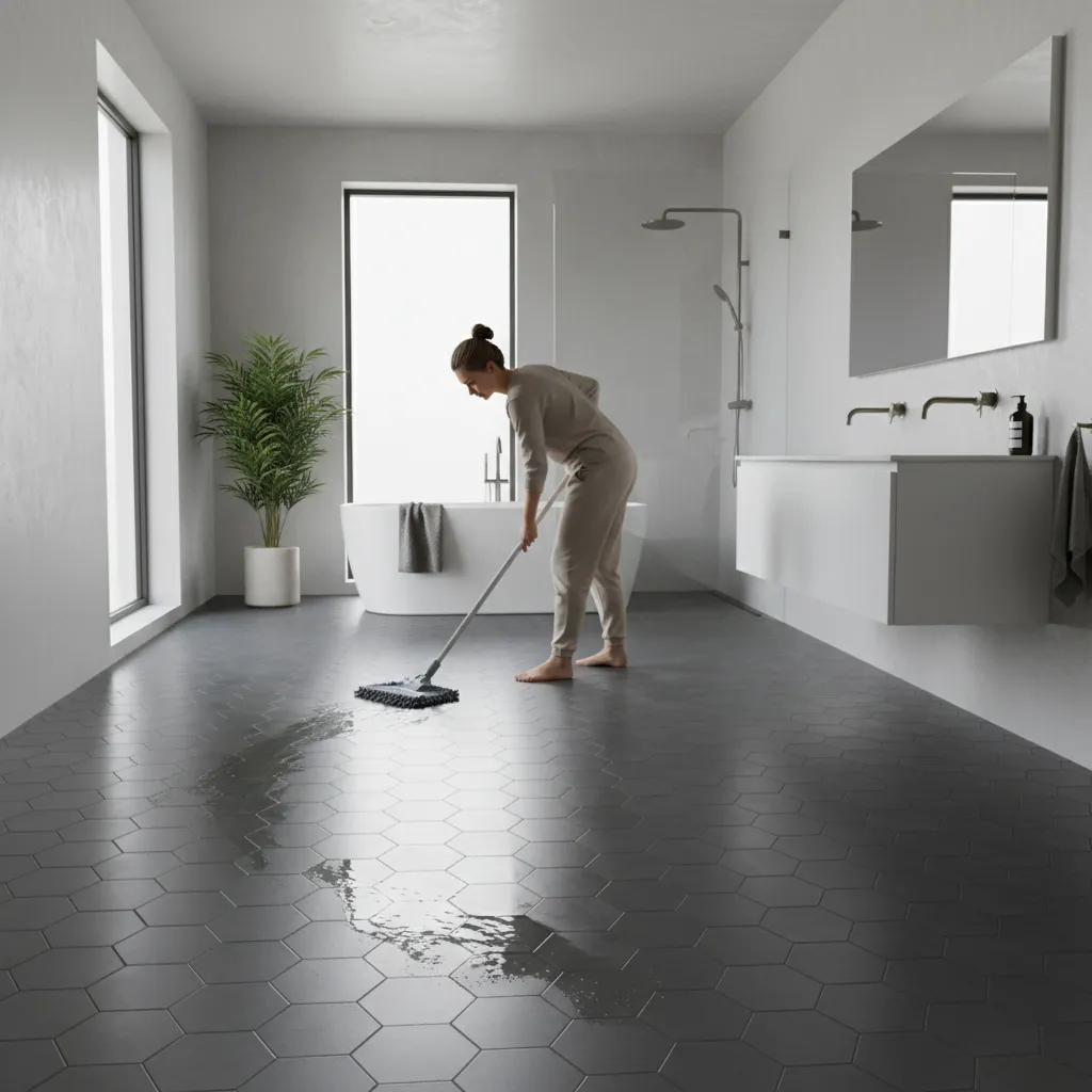 Microfiber mop cleaning dark bathroom tile floor