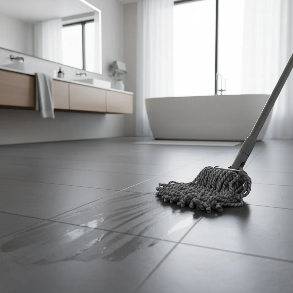 Person cleaning dark grey bathroom tile floor with microfiber mop