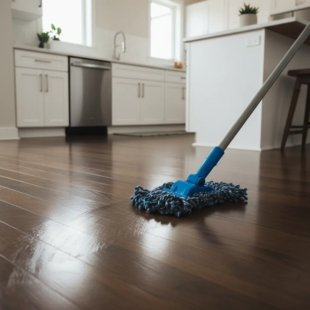 cleaning dark kitchen floor with microfiber mop