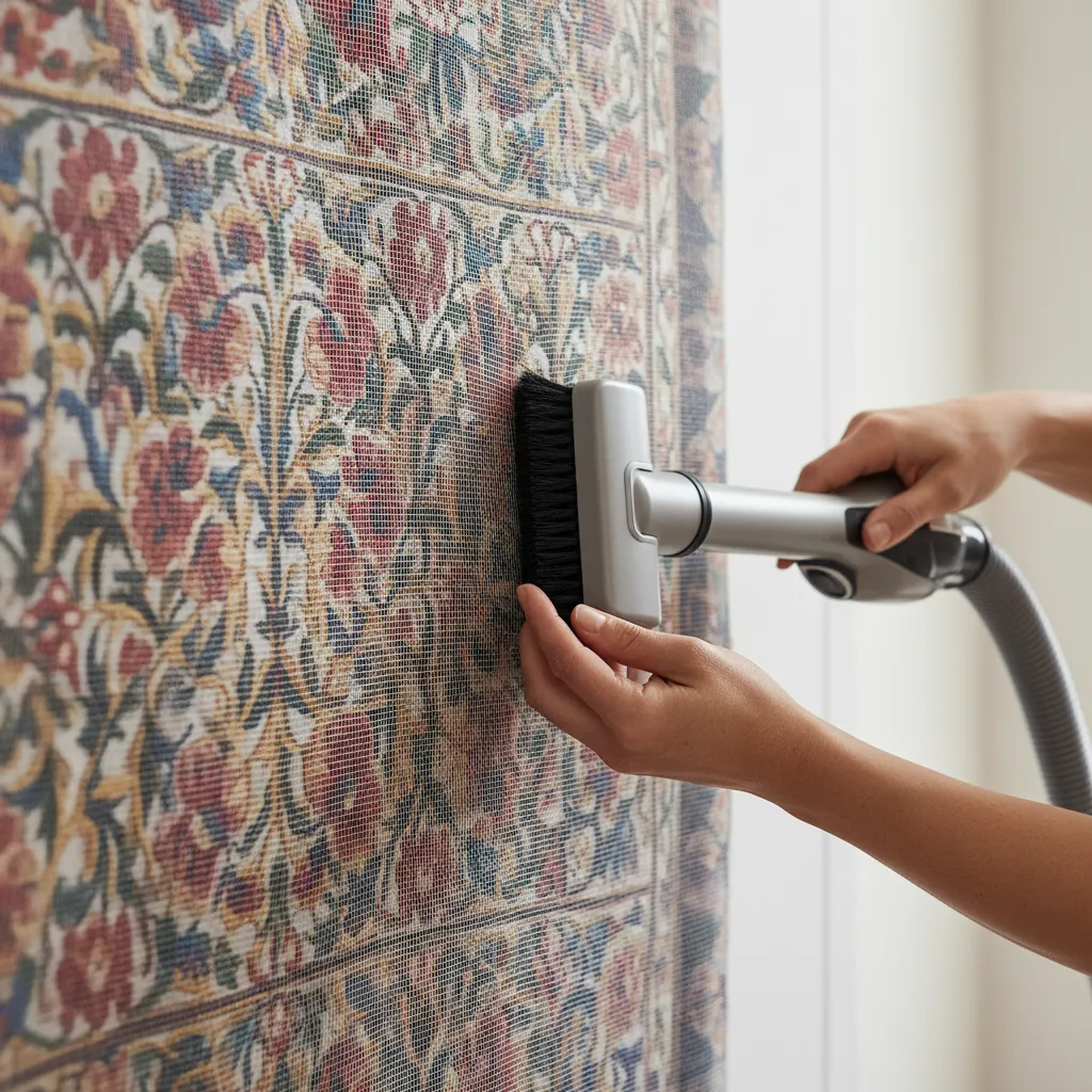 Careful vacuum cleaning of an embroidered textile wall hanging