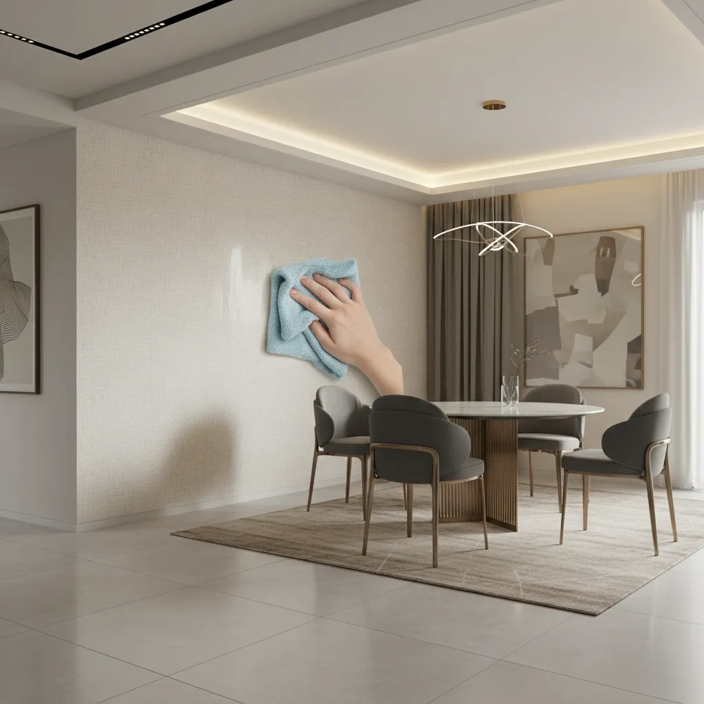 Cleaning stain from dining room wallpaper using microfiber cloth