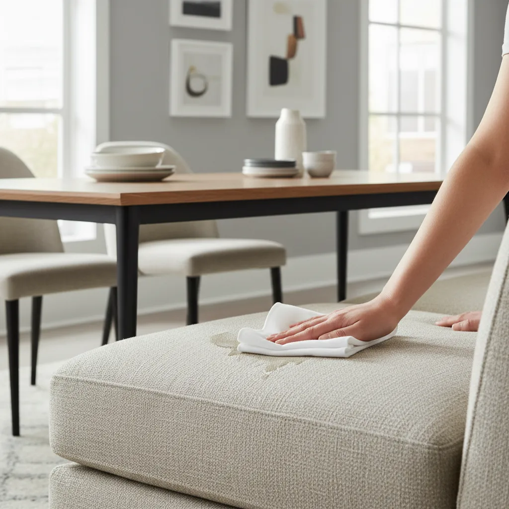 Cleaning spill from upholstered dining sofa cushion with cloth