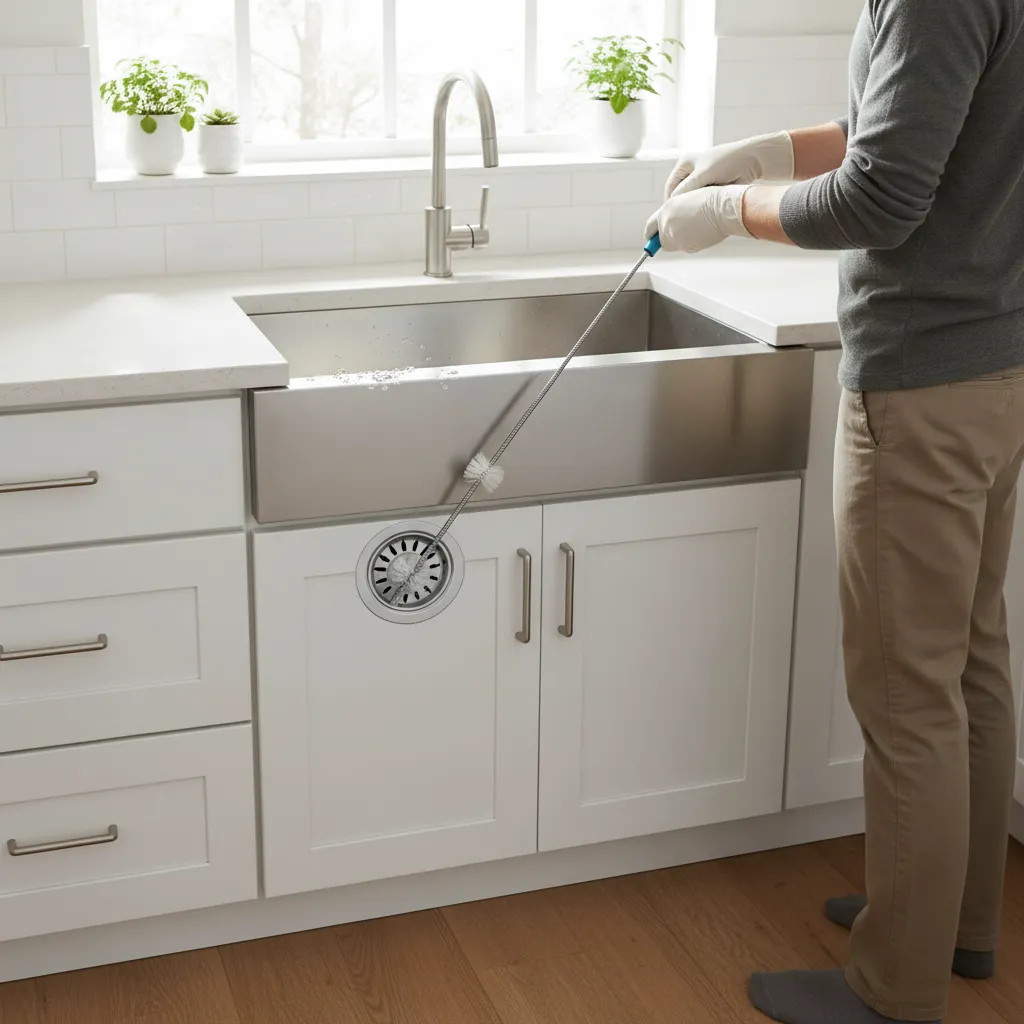 cleaning a sink drain with a brush to remove drain fly buildup