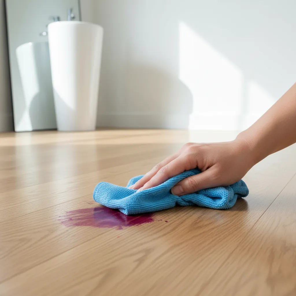 Using microfiber cloth with alcohol to clean hair dye from hardwood floor