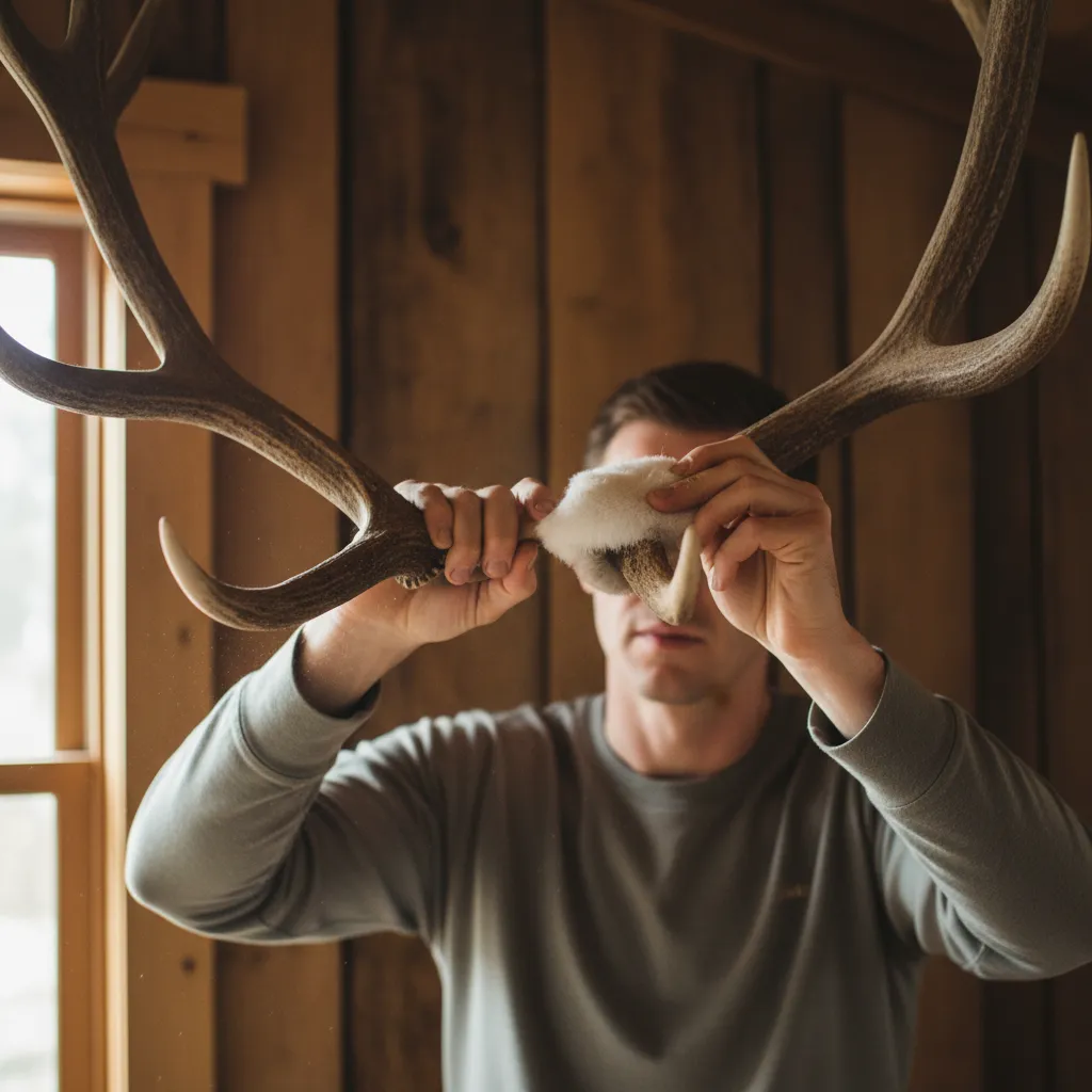 Person gently cleaning decorative elk antlers with a soft brush