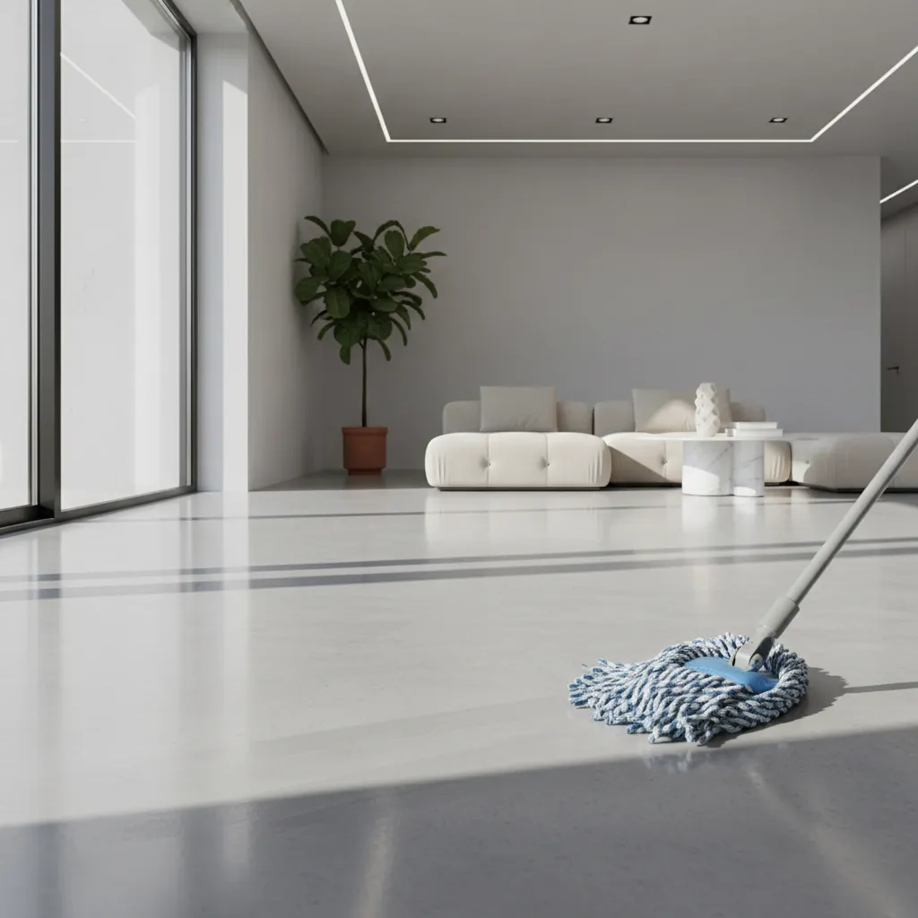 Person cleaning glossy epoxy floor with microfiber mop