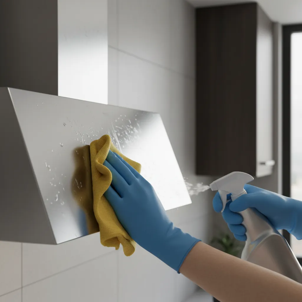 Person wearing blue gloves uses a spray bottle and yellow cloth to clean a kitchen fan