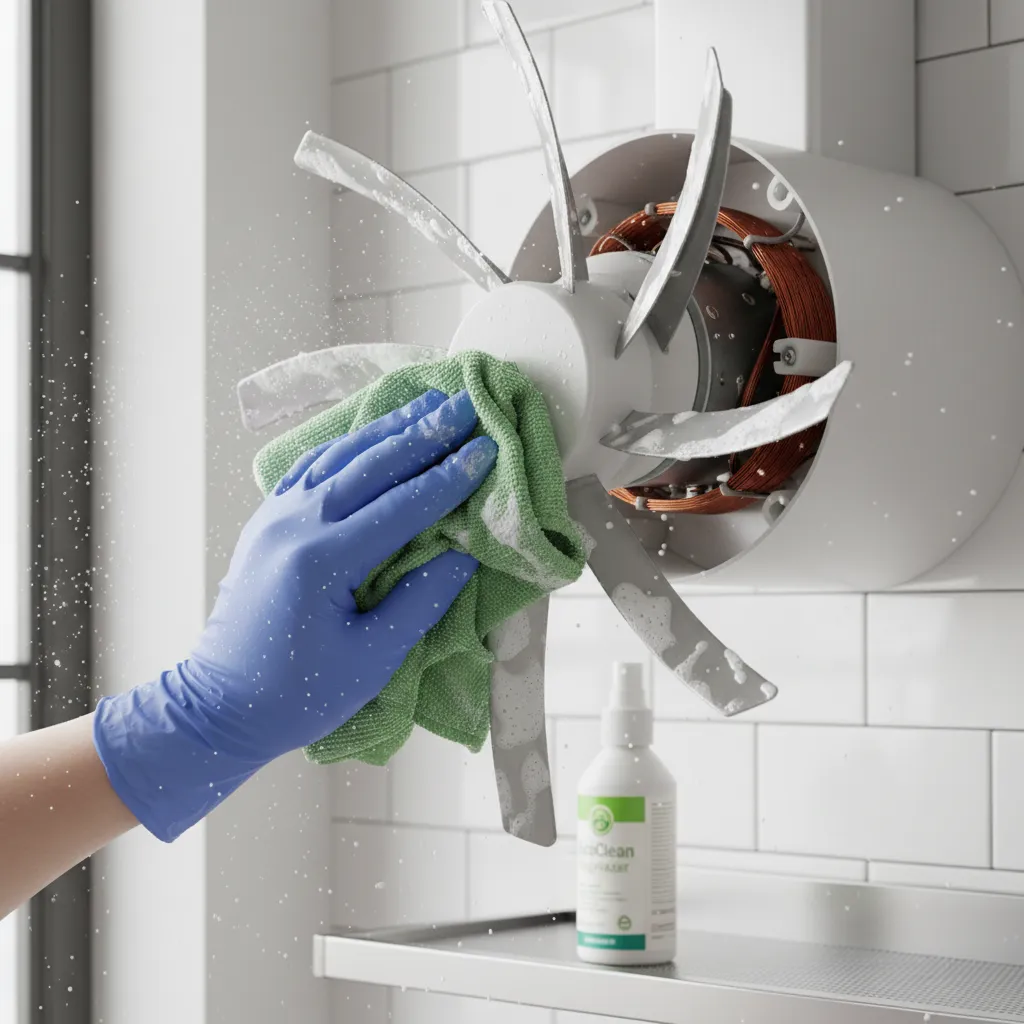 Cleaning kitchen exhaust fan blades using a cloth and degreaser