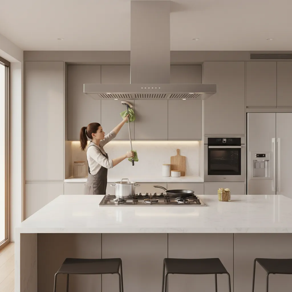 Cleaning kitchen exhaust fan blades using long brush and cloth