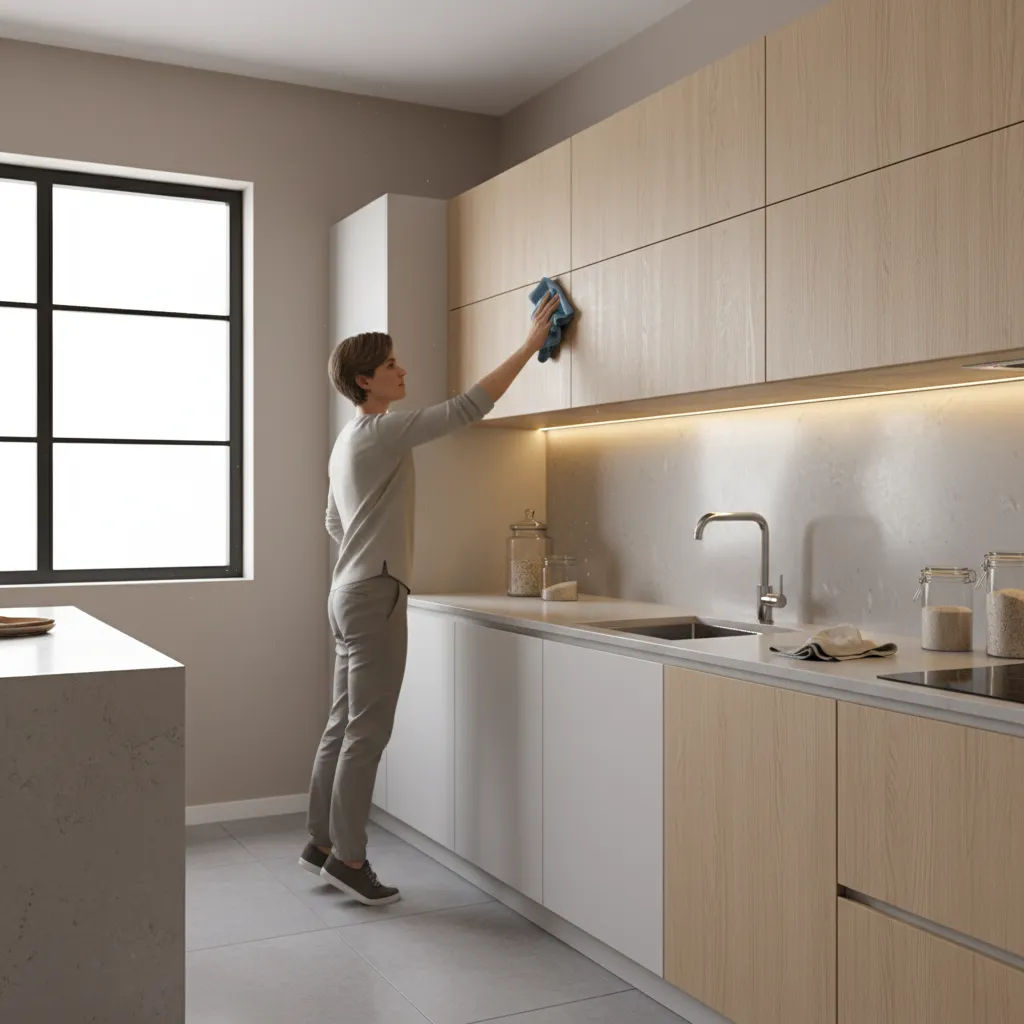 Person cleaning light wood kitchen cabinets with blue cloth near a window and white countertop