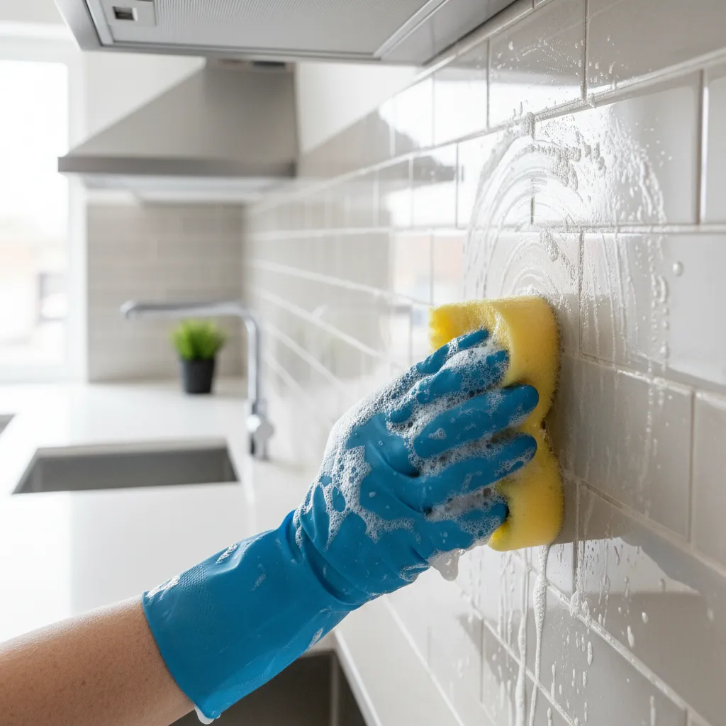 Hand cleaning greasy kitchen tiles with sponge and soap solution