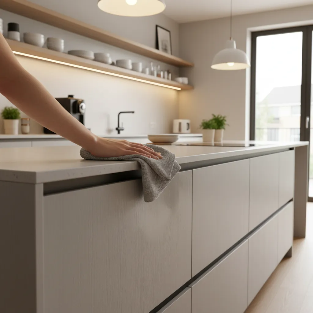 Person cleaning grease from kitchen cabinet surfaces