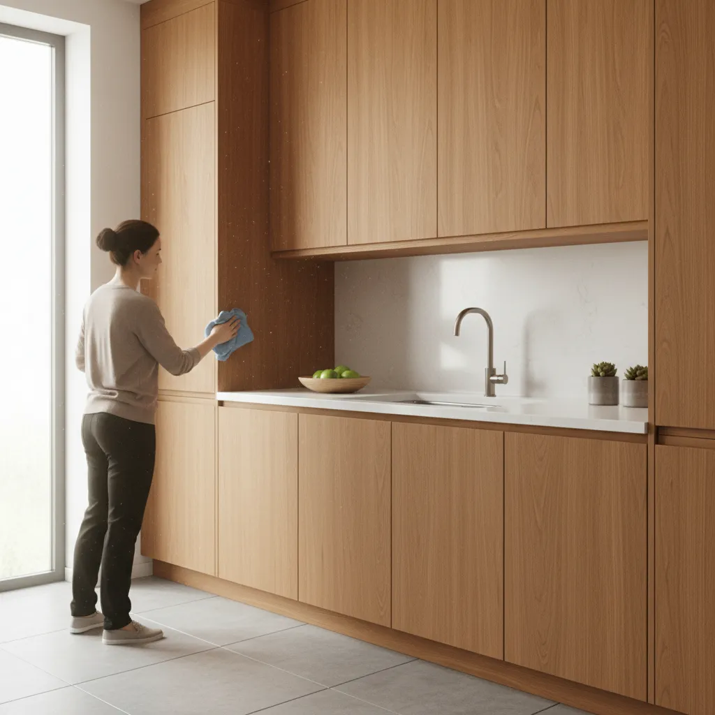 Woman cleaning tall wooden kitchen cabinets with blue cloth in bright modern kitchen near counter