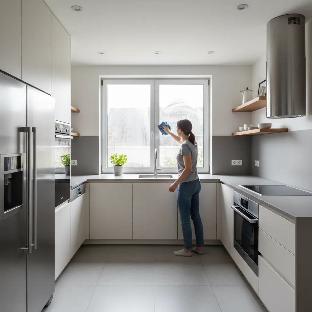 Woman wiping a large kitchen window with a blue cloth in a modern white kitchen