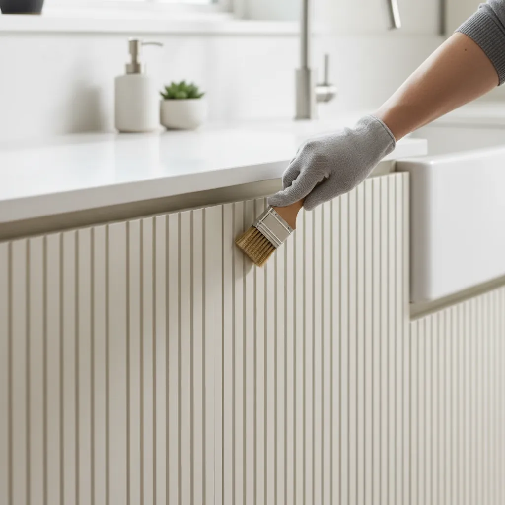 Using a soft brush to clean grooves on fluted cabinet doors