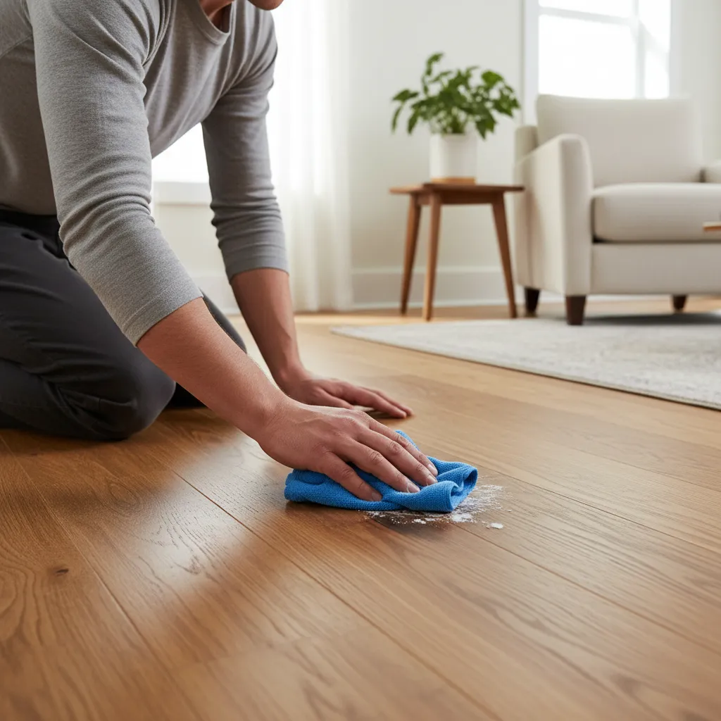 cleaning hardwood floor stain using baking soda paste and cloth