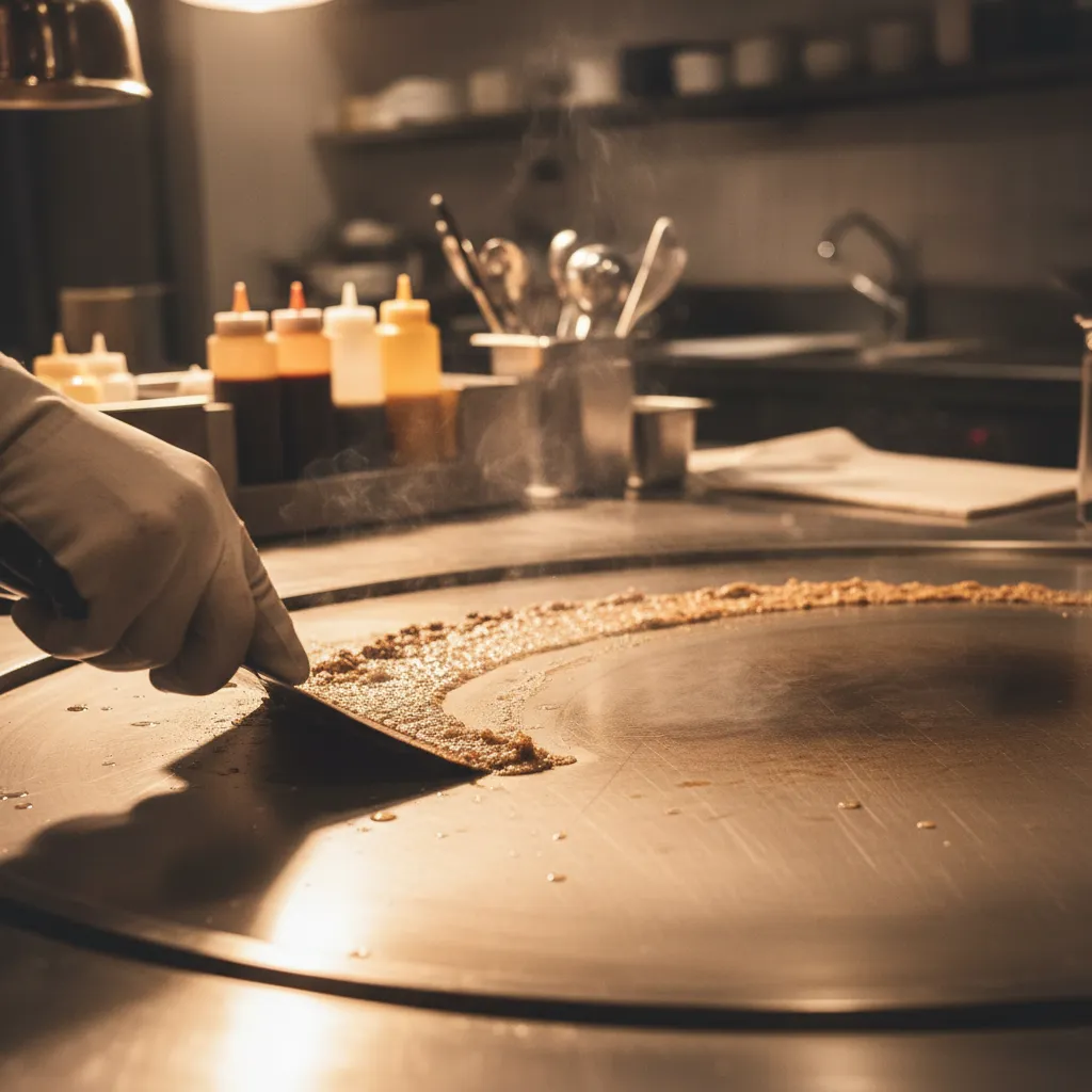 chef cleaning flat hibachi grill surface with scraper