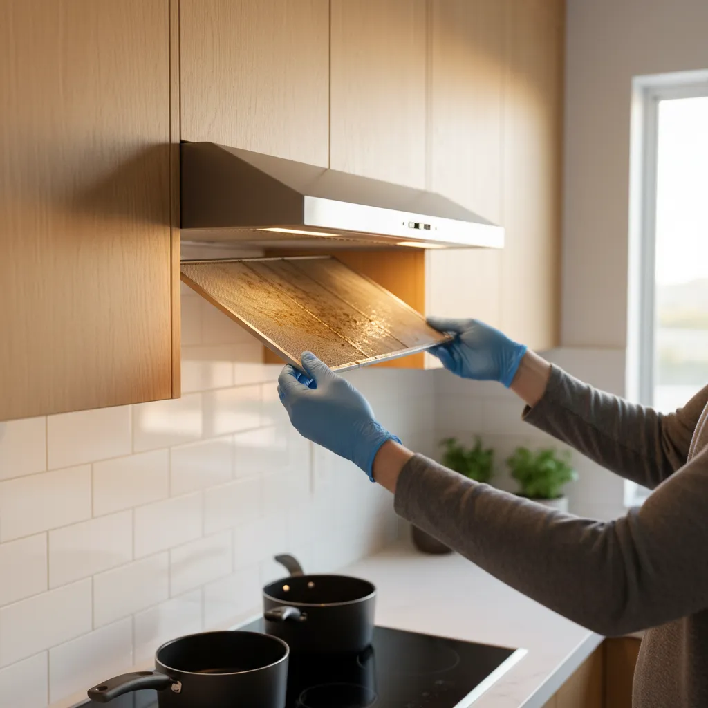 Hand removing metal grease filter from built in insert range hood for cleaning